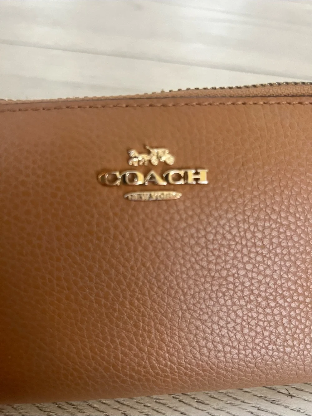 Coach Tan Pebbled Leather Zip Wallet with Gold Logo